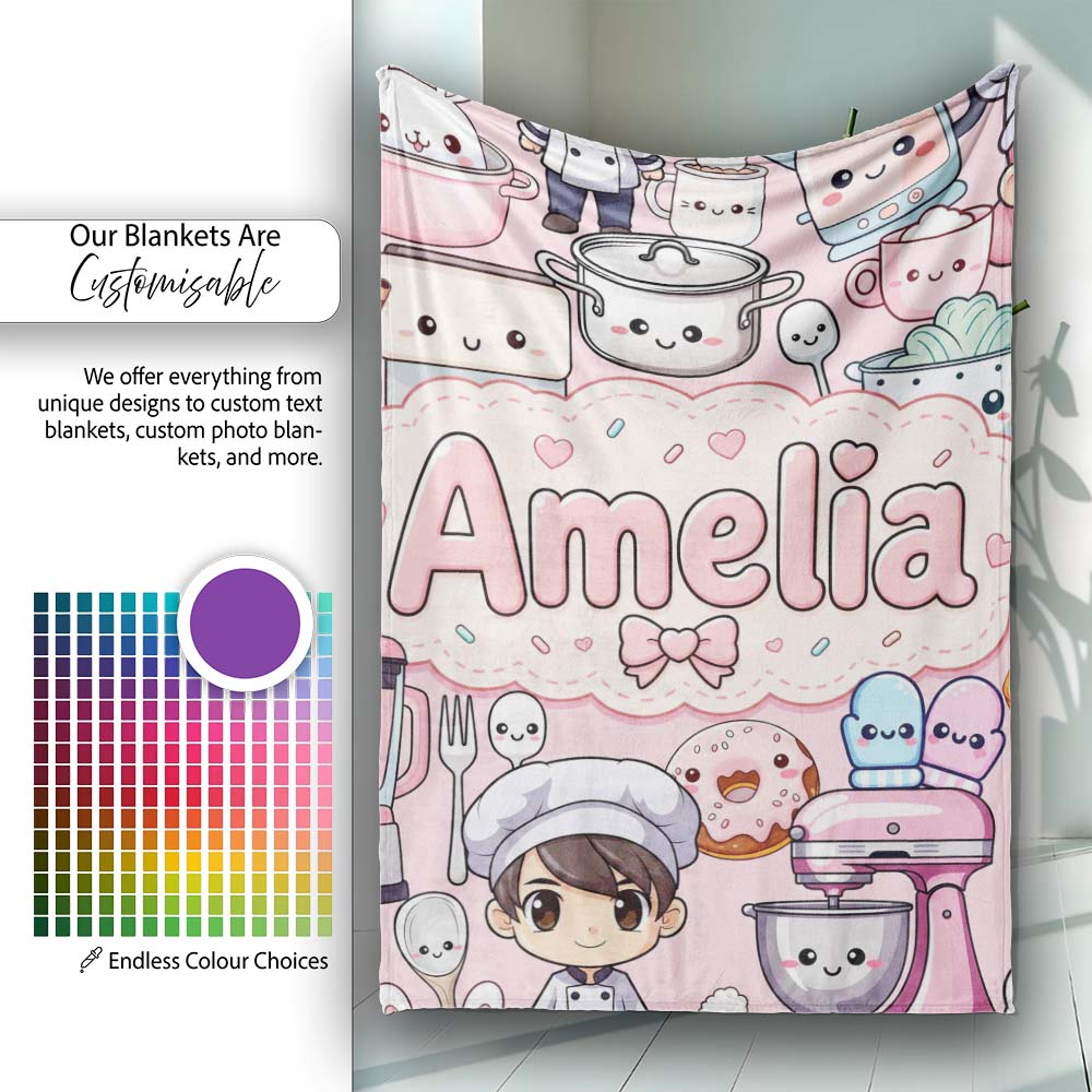 Cute Kawaii Baking Girl  Appliances Utensils Soft Pink  Personalised Custom Name Super Soft Fleece Blanket Bed Sofa Throw