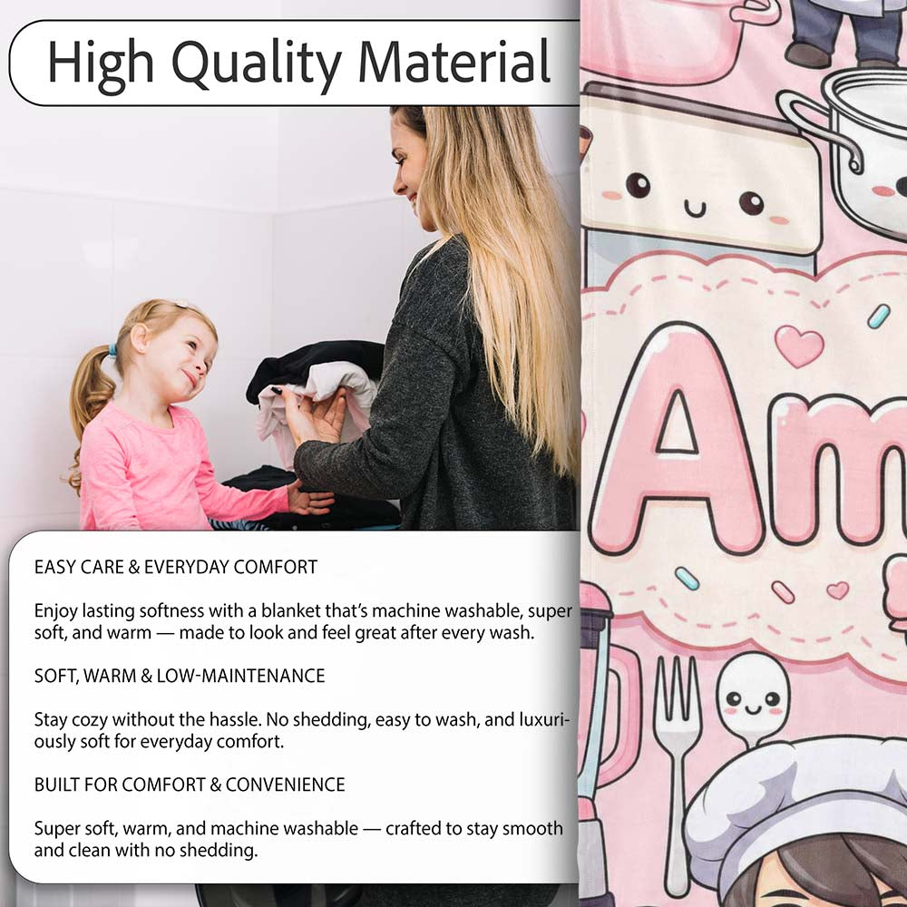 Cute Kawaii Baking Girl  Appliances Utensils Soft Pink  Personalised Custom Name Super Soft Fleece Blanket Bed Sofa Throw