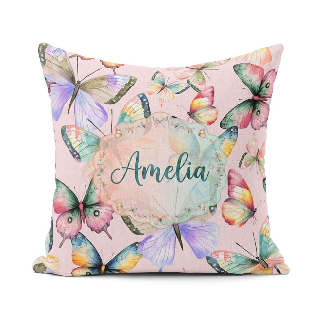 Custom Name Watercolor Butterflies Soft Pink Background Seamless Square Filled Cushion Throw Pillow Sofa Bed Home Decor Zip Washable UK Made
