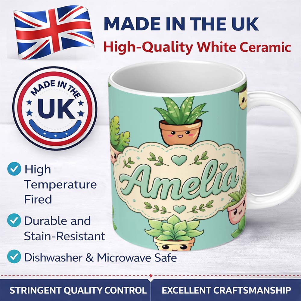 Personalized Custom Name Cute Kawaii Smiling Plant Pots Leaves Seamless Pattern Mint Lovely 11oz Ceramic Coffee Tea Mug White Large Handle