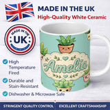 Personalized Custom Name Cute Kawaii Smiling Plant Pots Leaves Seamless Pattern Mint Lovely 11oz Ceramic Coffee Tea Mug White Large Handle