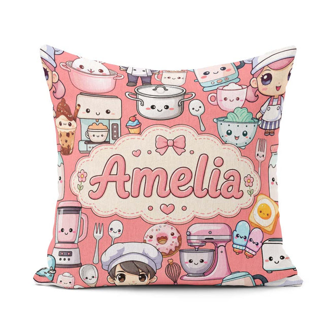 Custom Name Cute Kawaii Baking Girl Appliances Utensils Coral Square Filled Cushion Throw Pillow Sofa Bed Home Decor Zip Washable UK Made