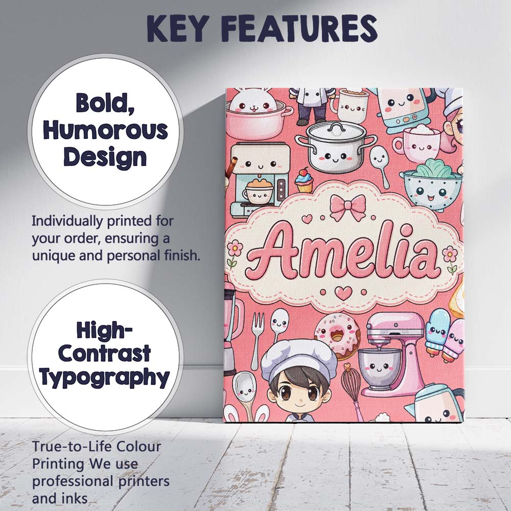 Personalised Name Cute Kawaii Baking Girl Custom  Unique Gift Idea Elegant Feature Canvas Wall Art Print Decor Picture Ready to Hang