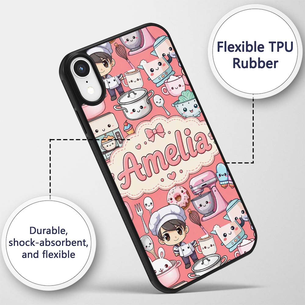 Cute Kawaii Baking Girl Appliances Utensils Coral Custom Name Protective Phone Case Mobile Cover Durable Everyday Smartphone Shock Resistant