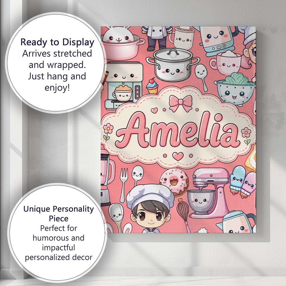 Personalised Name Cute Kawaii Baking Girl Custom  Unique Gift Idea Elegant Feature Canvas Wall Art Print Decor Picture Ready to Hang