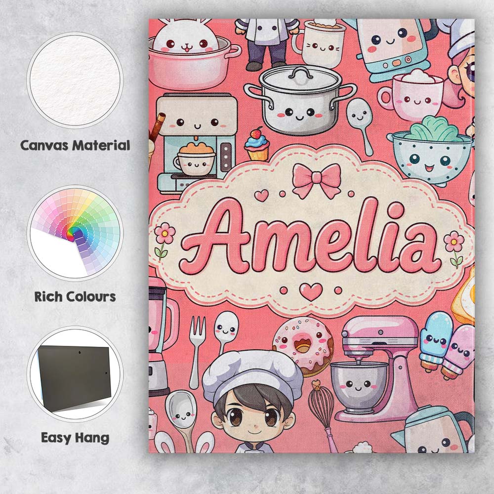 Personalised Name Cute Kawaii Baking Girl Custom  Unique Gift Idea Elegant Feature Canvas Wall Art Print Decor Picture Ready to Hang