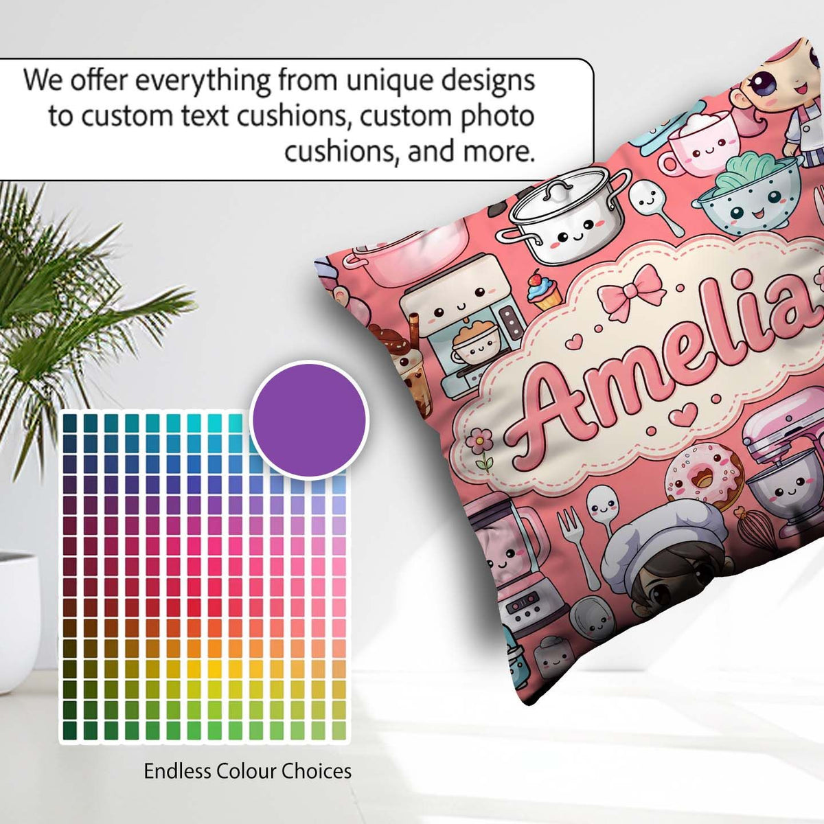Custom Name Cute Kawaii Baking Girl Appliances Utensils Coral Square Filled Cushion Throw Pillow Sofa Bed Home Decor Zip Washable UK Made