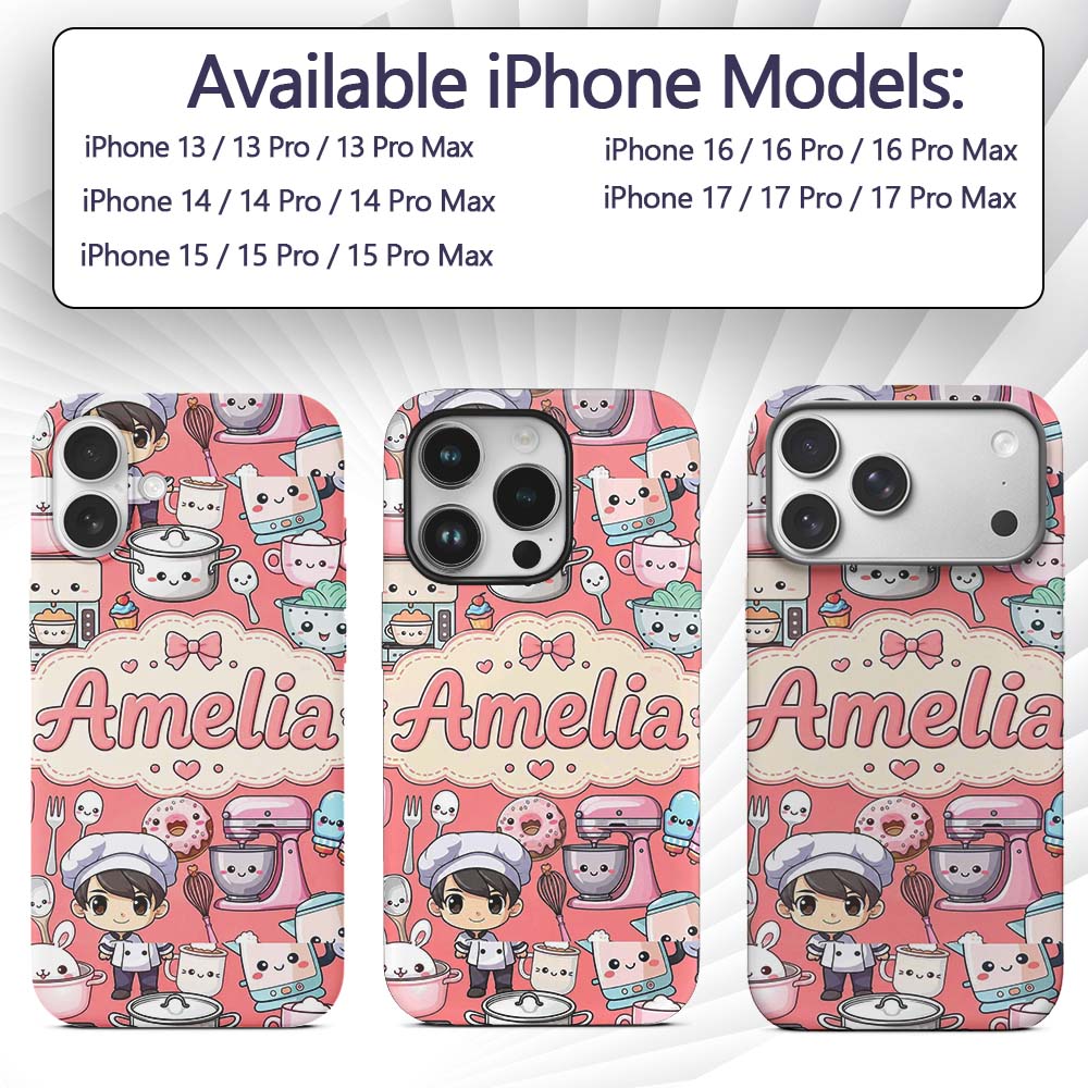 Cute Kawaii Baking Girl Appliances Utensils Coral Custom Name Protective Phone Case Mobile Cover Durable Everyday Smartphone Shock Resistant