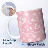 Personalized Custom Name Soft Pastel Pink Snowflakes Winter Seamless Pattern Cute Unique Gift 11oz Ceramic Coffee Tea Mug White Large Handle