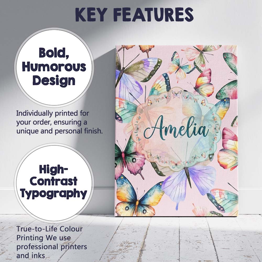 Personalised Name Pastel Watercolor Butterflies Soft Pink Background Custom  Home Canvas Wall Art Print Decor Picture Ready to Hang