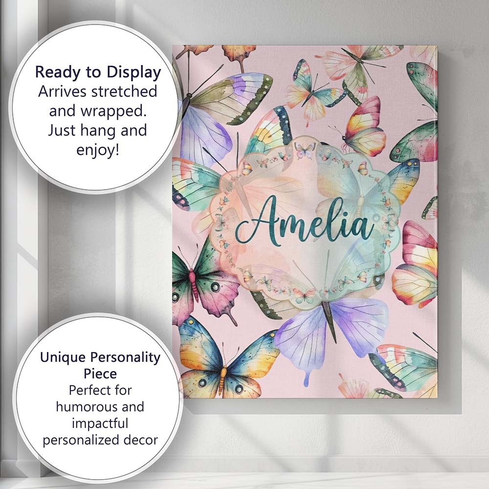 Personalised Name Pastel Watercolor Butterflies Soft Pink Background Custom  Home Canvas Wall Art Print Decor Picture Ready to Hang