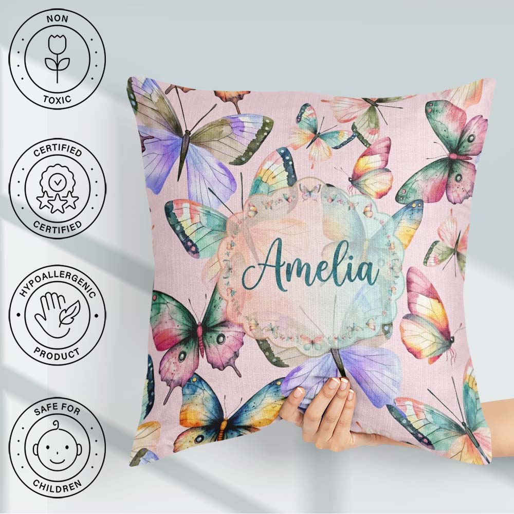 Custom Name Watercolor Butterflies Soft Pink Background Seamless Square Filled Cushion Throw Pillow Sofa Bed Home Decor Zip Washable UK Made