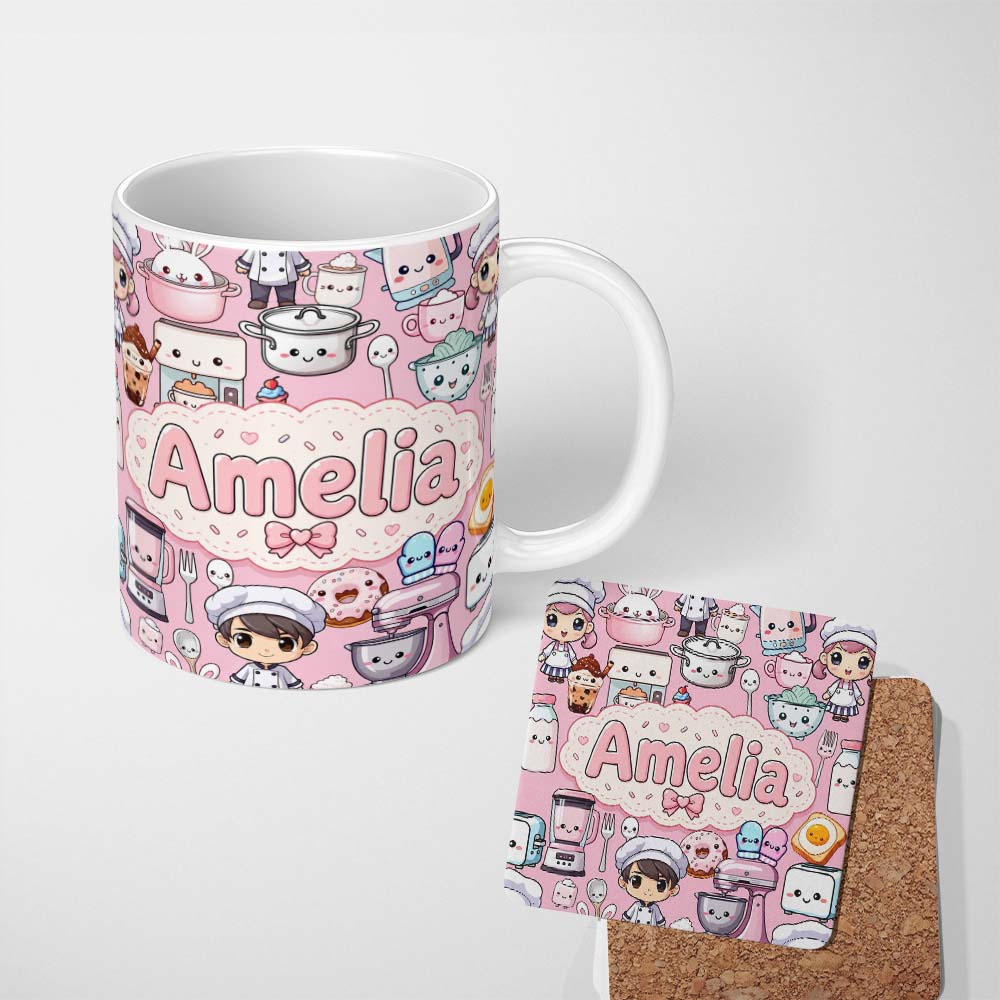 Personalized Custom Name Cute Kawaii Baking Girl Kitchen Appliances Utensils Light Grey 11oz Ceramic Coffee Tea Mug White Large Handle
