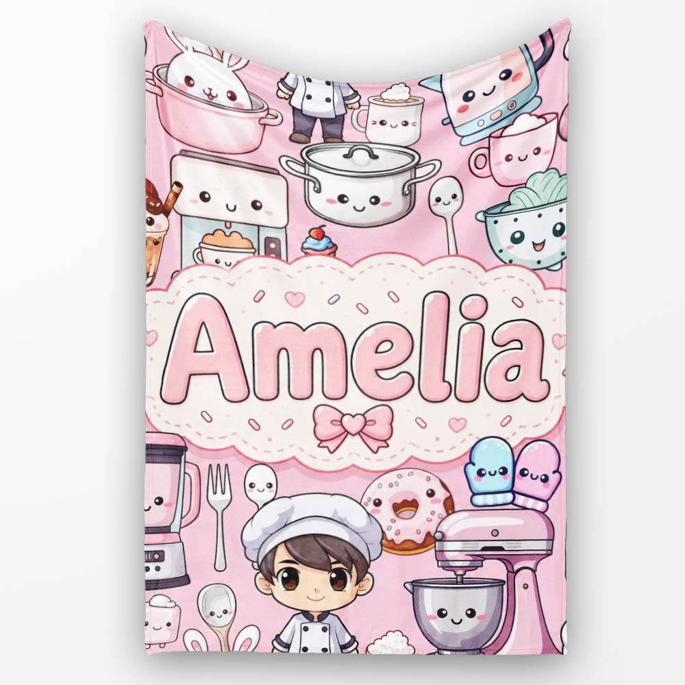 Cute Kawaii Baking Girl  Appliances Utensils Light Grey  Personalised Custom Name Super Soft Fleece Blanket Bed Sofa Throw