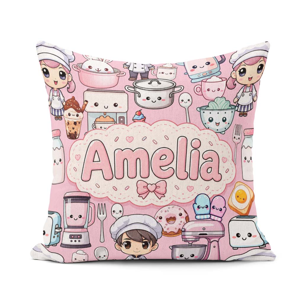 Custom Name Kawaii Baking Girl Appliances Utensils Light Grey Square Filled Cushion Throw Pillow Sofa Bed Home Decor Zip Washable UK Made