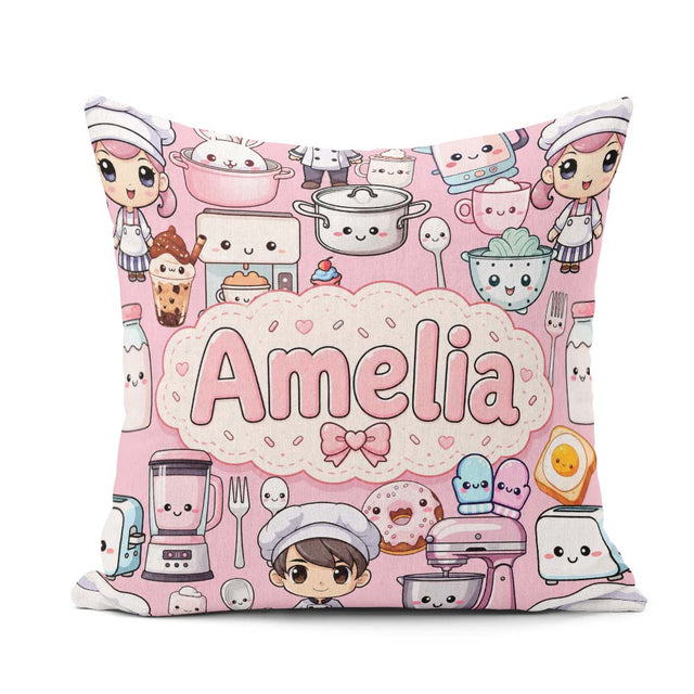 Custom Name Kawaii Baking Girl Appliances Utensils Light Grey Square Filled Cushion Throw Pillow Sofa Bed Home Decor Zip Washable UK Made