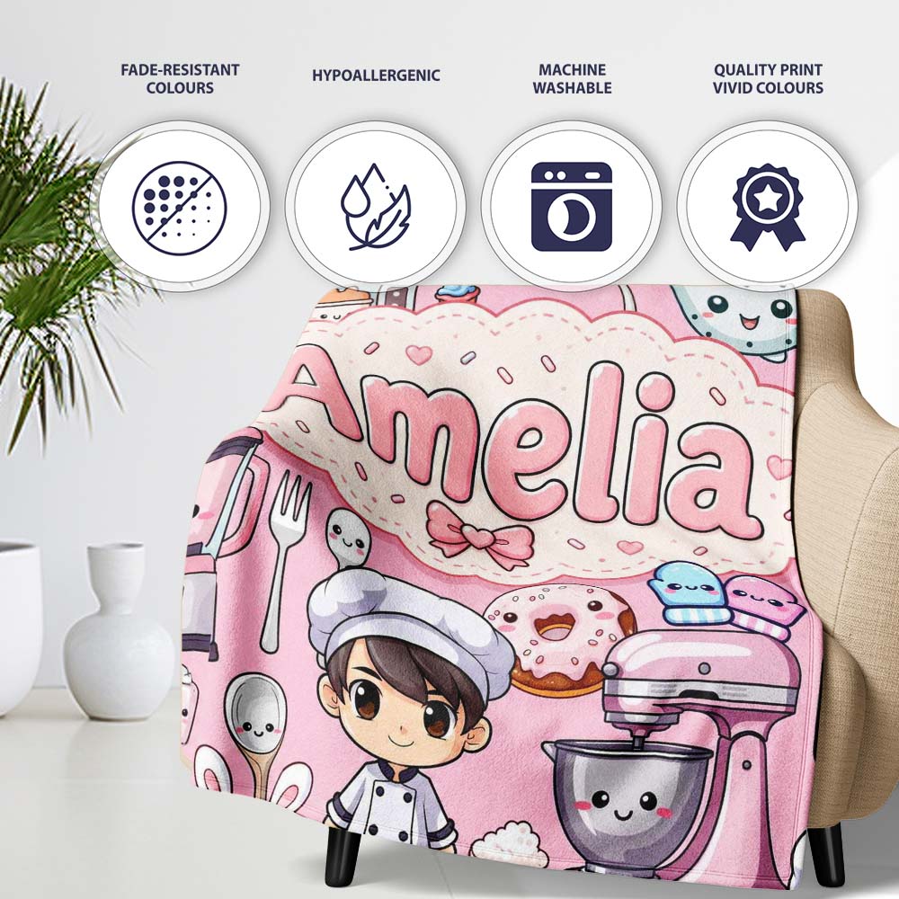 Cute Kawaii Baking Girl  Appliances Utensils Light Grey  Personalised Custom Name Super Soft Fleece Blanket Bed Sofa Throw