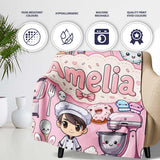 Cute Kawaii Baking Girl  Appliances Utensils Light Grey  Personalised Custom Name Super Soft Fleece Blanket Bed Sofa Throw