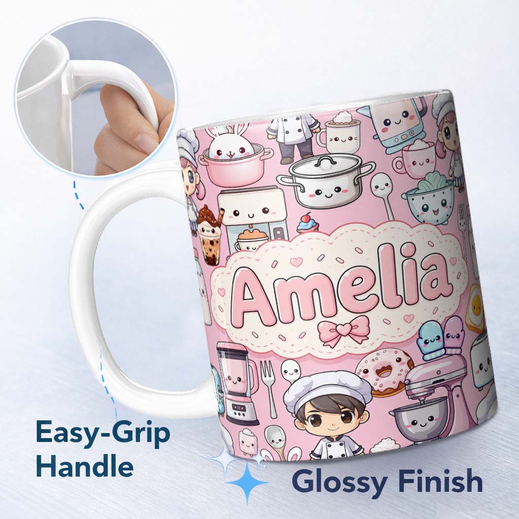 Personalized Custom Name Cute Kawaii Baking Girl Kitchen Appliances Utensils Light Grey 11oz Ceramic Coffee Tea Mug White Large Handle