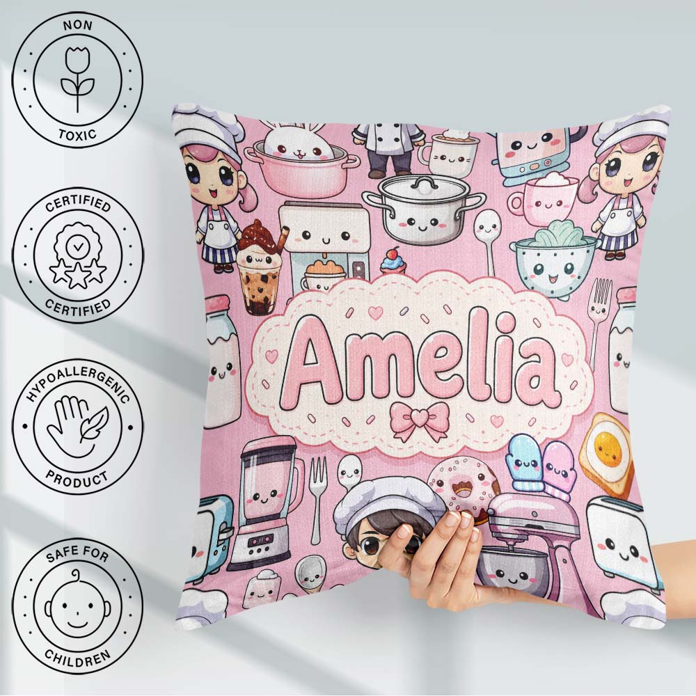 Custom Name Kawaii Baking Girl Appliances Utensils Light Grey Square Filled Cushion Throw Pillow Sofa Bed Home Decor Zip Washable UK Made