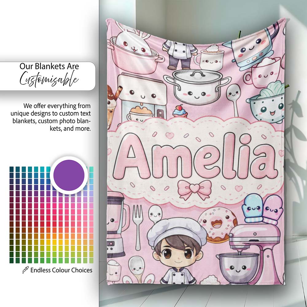 Cute Kawaii Baking Girl  Appliances Utensils Light Grey  Personalised Custom Name Super Soft Fleece Blanket Bed Sofa Throw