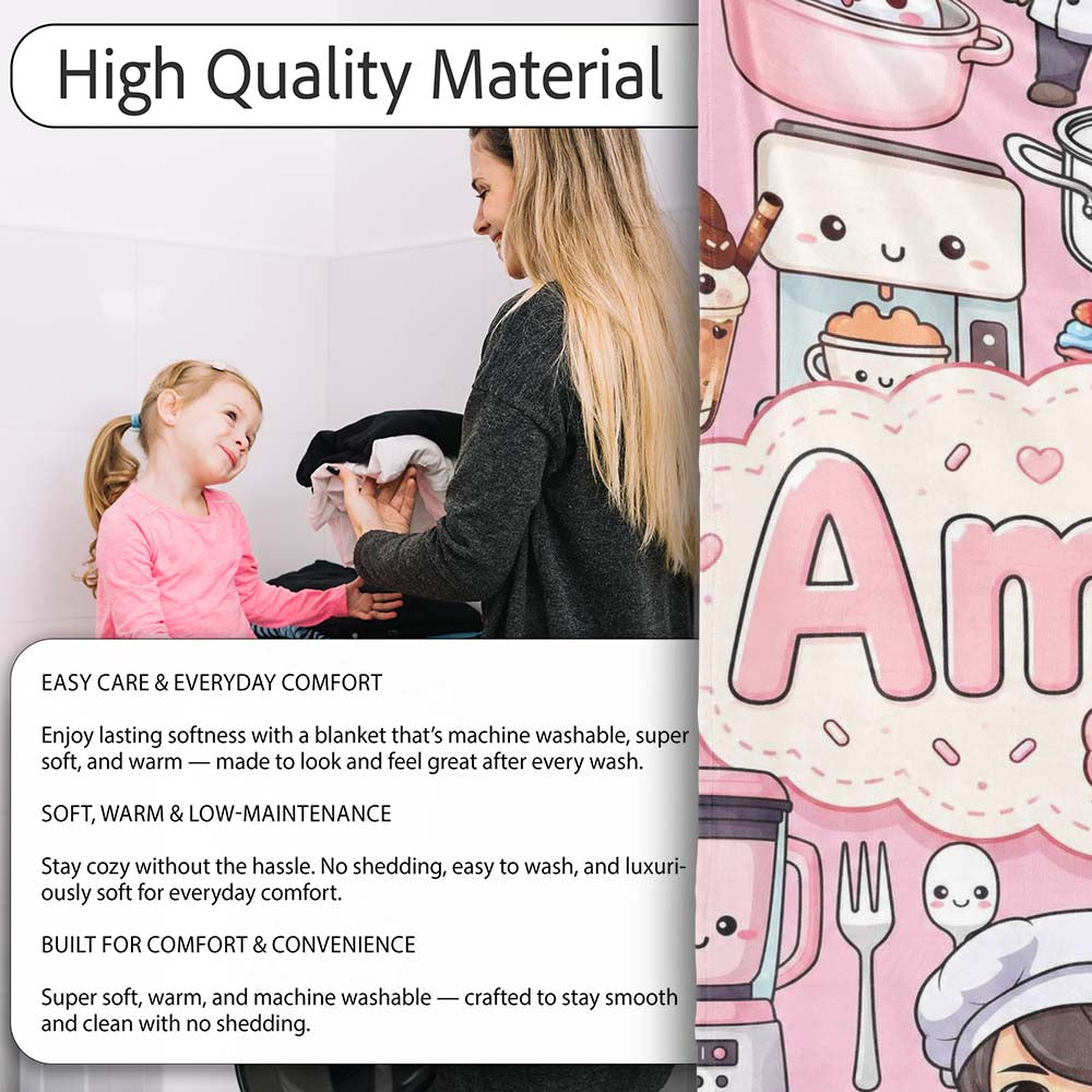 Cute Kawaii Baking Girl  Appliances Utensils Light Grey  Personalised Custom Name Super Soft Fleece Blanket Bed Sofa Throw