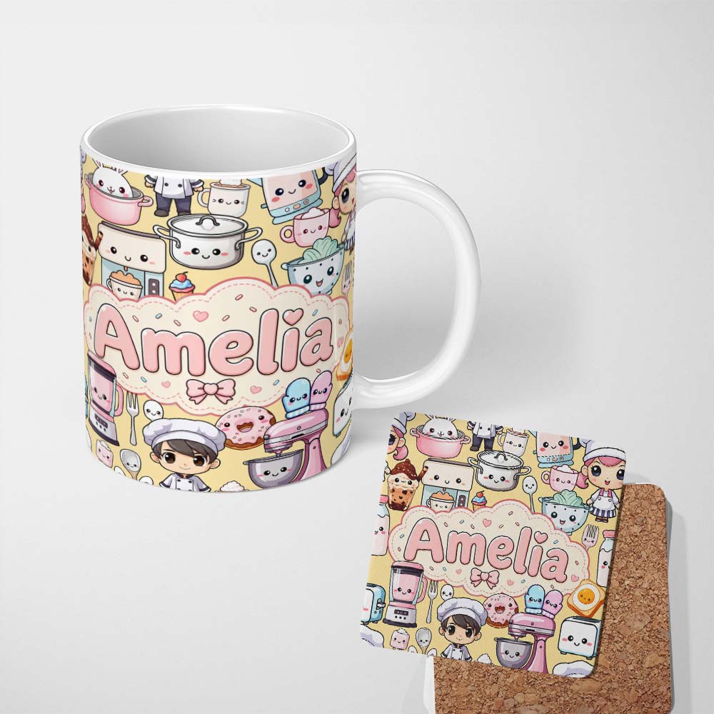 Personalized Custom Name Cute Kawaii Baking Girl Kitchen Appliances Utensils Yellow 11oz Ceramic Coffee Tea Mug White Large Handle