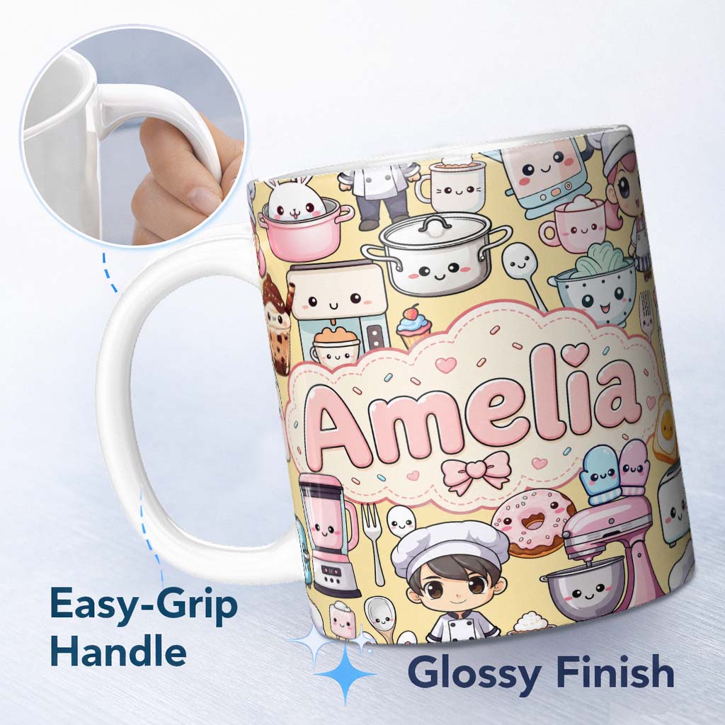 Personalized Custom Name Cute Kawaii Baking Girl Kitchen Appliances Utensils Yellow 11oz Ceramic Coffee Tea Mug White Large Handle