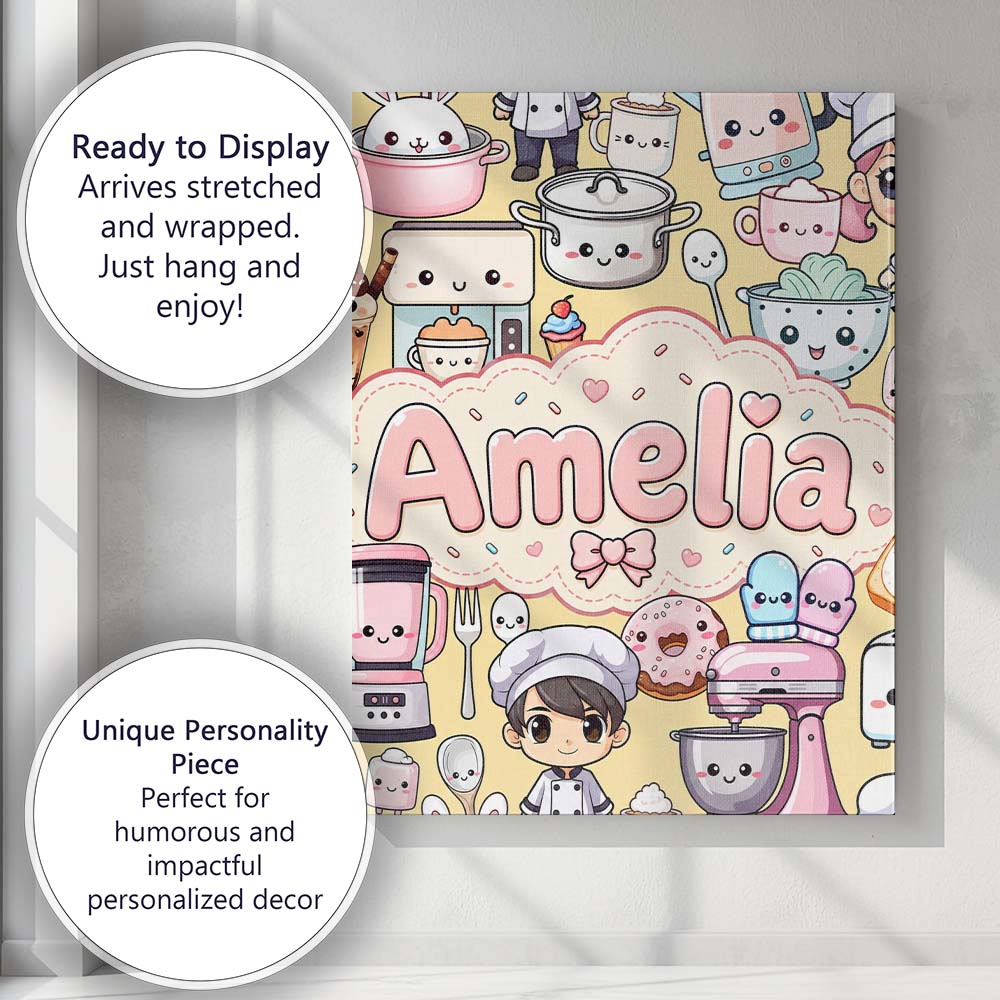 Personalised Name Cute Kawaii Baking Girl Custom  Unique Gift Idea Elegant Feature Canvas Wall Art Print Decor Picture Ready to Hang