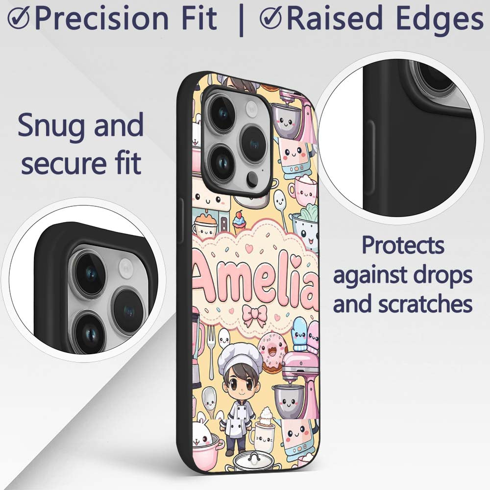 Cute Kawaii Baking Girl Appliances Printed Design Custom Name Protective Phone Case Mobile Cover Durable Everyday Smartphone Shock Resistant