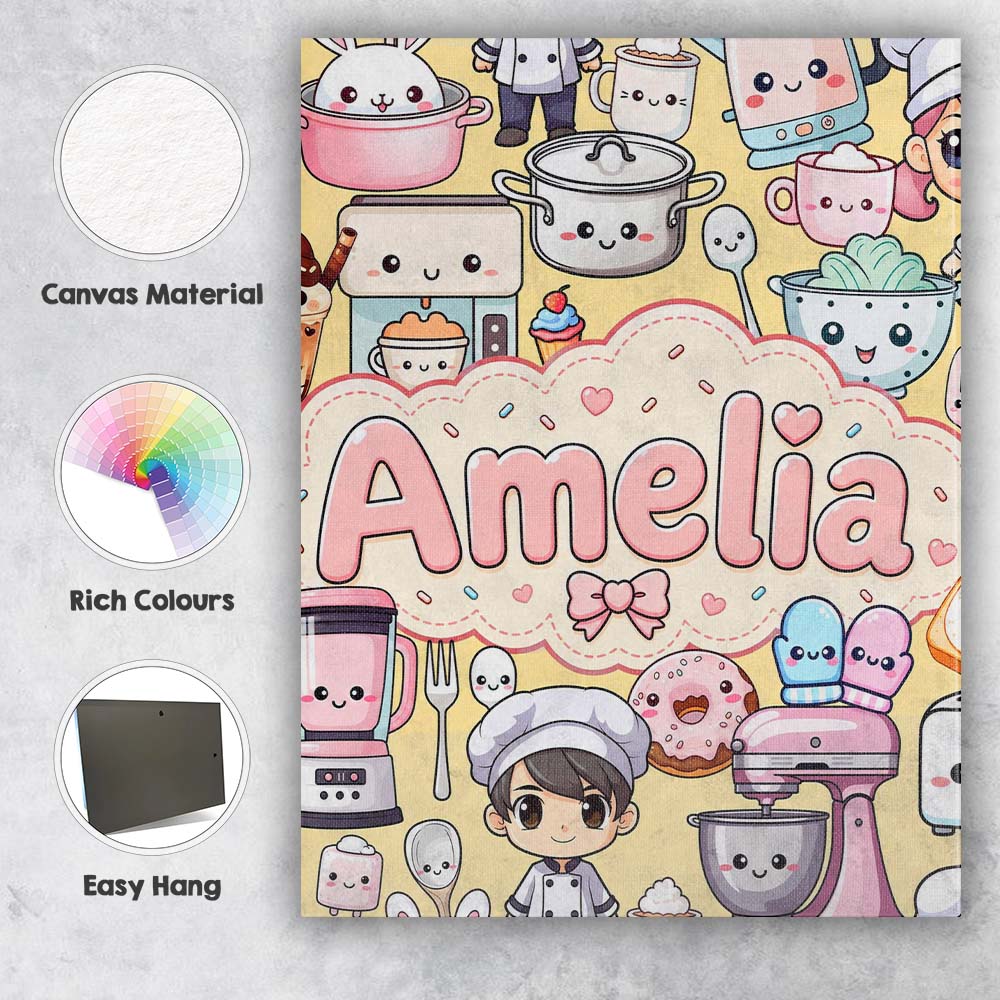 Personalised Name Cute Kawaii Baking Girl Custom  Unique Gift Idea Elegant Feature Canvas Wall Art Print Decor Picture Ready to Hang