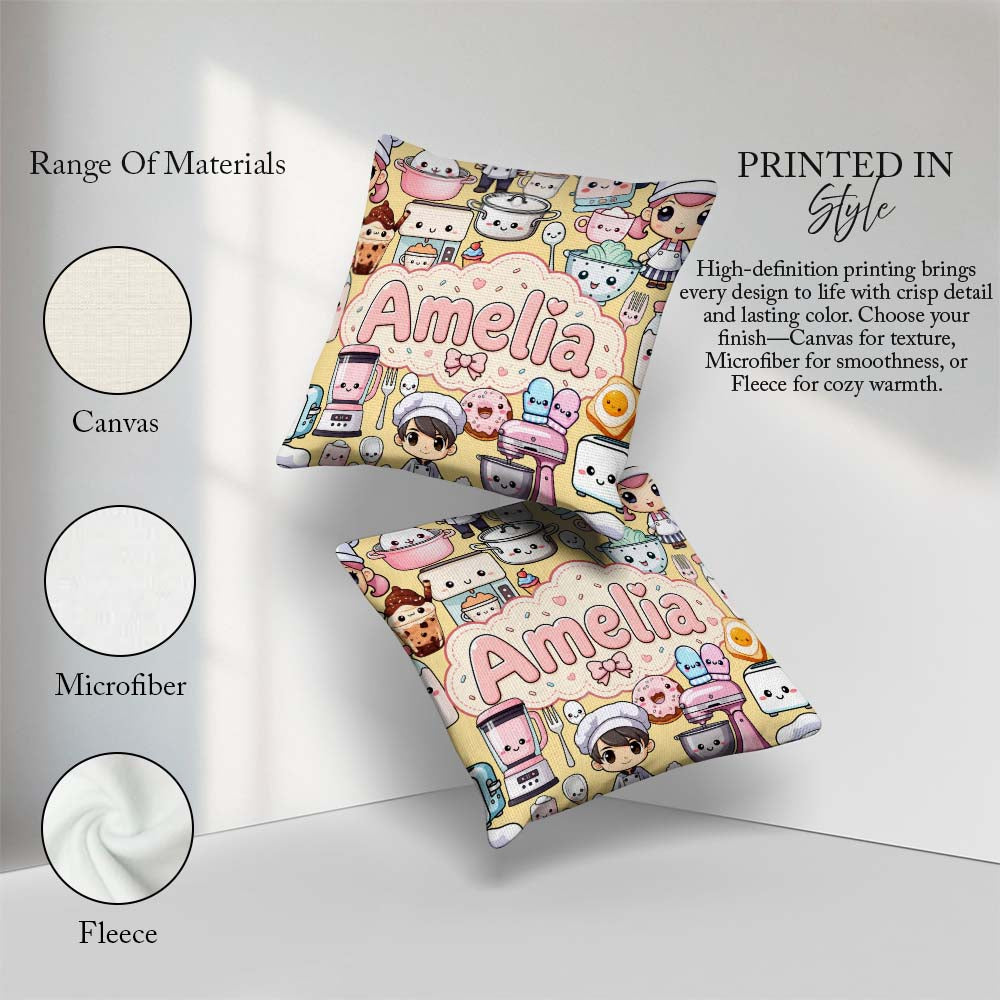 Custom Name Cute Kawaii Baking Girl Appliances Utensils Yellow Square Filled Cushion Throw Pillow Sofa Bed Home Decor Zip Washable UK Made