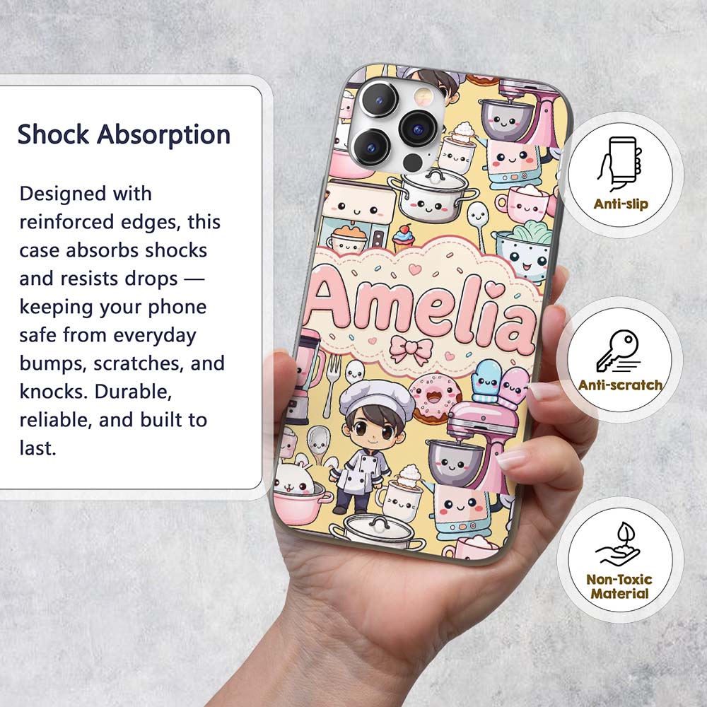 Cute Kawaii Baking Girl Appliances Printed Design Custom Name Protective Phone Case Mobile Cover Durable Everyday Smartphone Shock Resistant