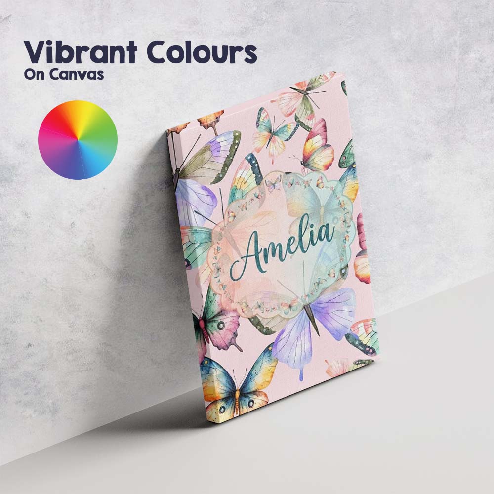 Personalised Name Pastel Watercolor Butterflies Soft Pink Background Custom  Home Canvas Wall Art Print Decor Picture Ready to Hang