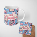 Personalized Custom Name Cute Kawaii Kitchen Appliances Mixer Toaster Blender Blue 11oz Ceramic Coffee Tea Mug White Large Handle