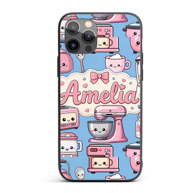 Cute Kawaii Appliances Mixer Toaster Blender Blue Custom Name Protective Phone Case Mobile Cover Durable Everyday Smartphone Shock Resistant
