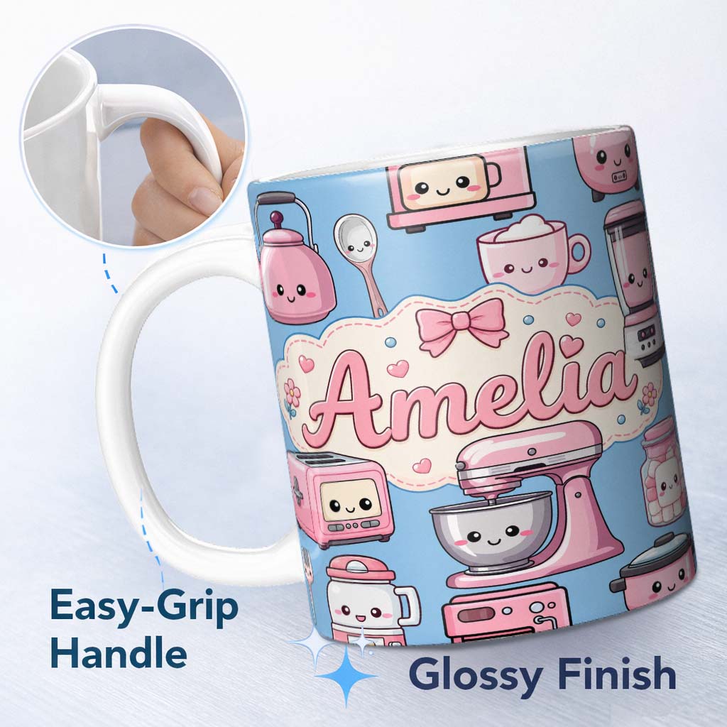 Personalized Custom Name Cute Kawaii Kitchen Appliances Mixer Toaster Blender Blue 11oz Ceramic Coffee Tea Mug White Large Handle