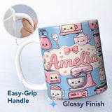 Personalized Custom Name Cute Kawaii Kitchen Appliances Mixer Toaster Blender Blue 11oz Ceramic Coffee Tea Mug White Large Handle