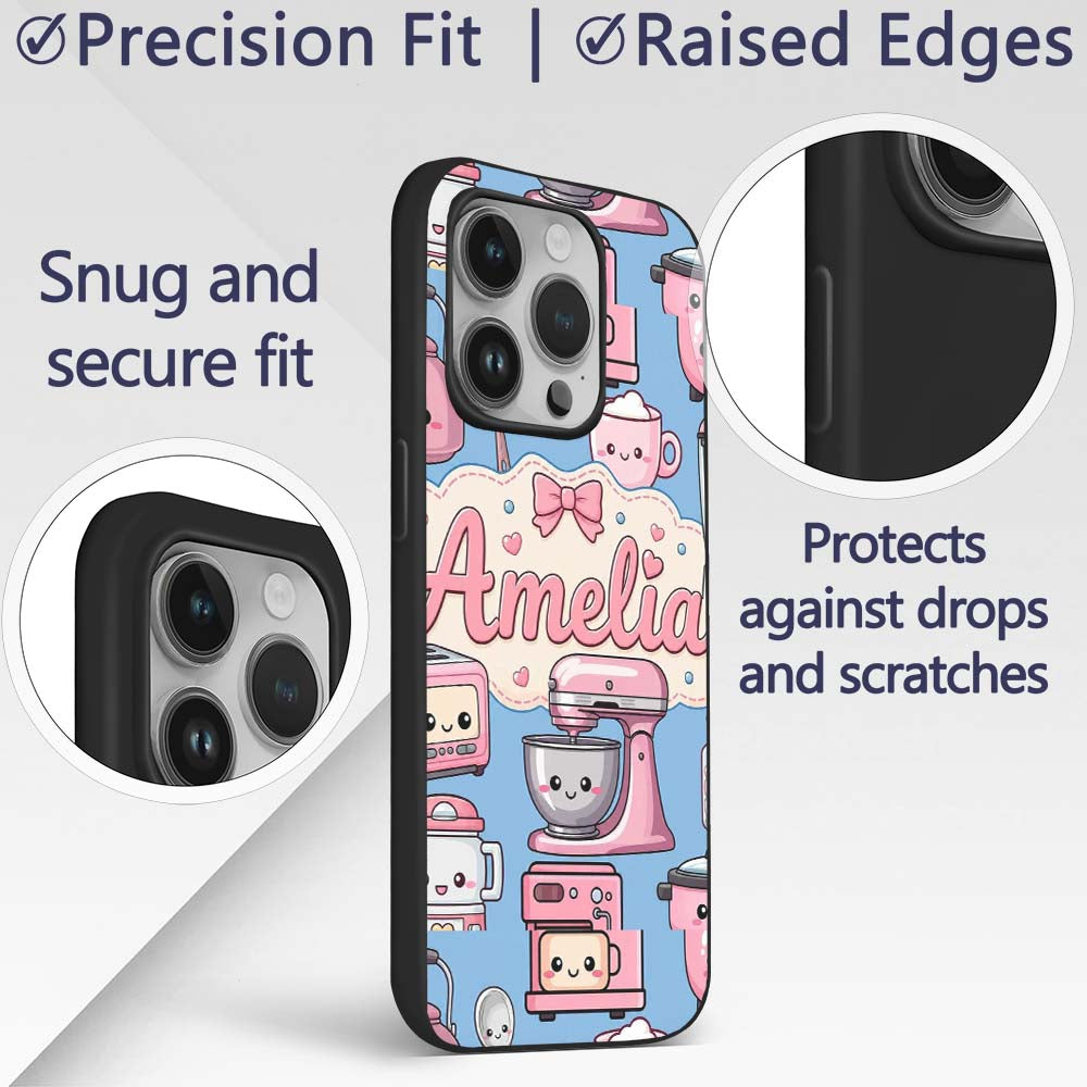 Cute Kawaii Appliances Mixer Toaster Blender Blue Custom Name Protective Phone Case Mobile Cover Durable Everyday Smartphone Shock Resistant