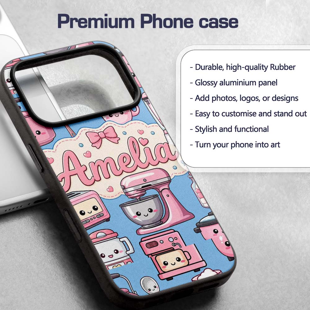 Cute Kawaii Appliances Mixer Toaster Blender Blue Custom Name Protective Phone Case Mobile Cover Durable Everyday Smartphone Shock Resistant
