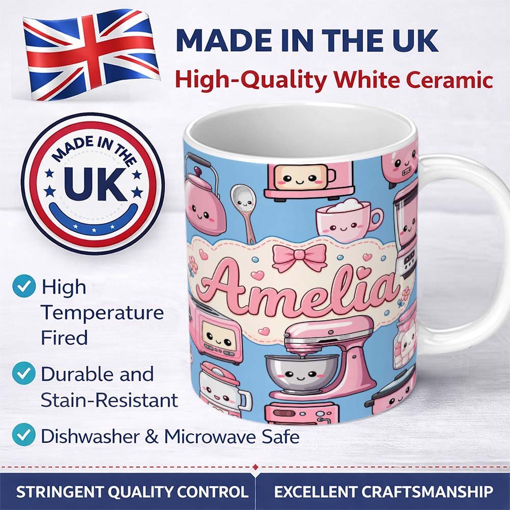 Personalized Custom Name Cute Kawaii Kitchen Appliances Mixer Toaster Blender Blue 11oz Ceramic Coffee Tea Mug White Large Handle