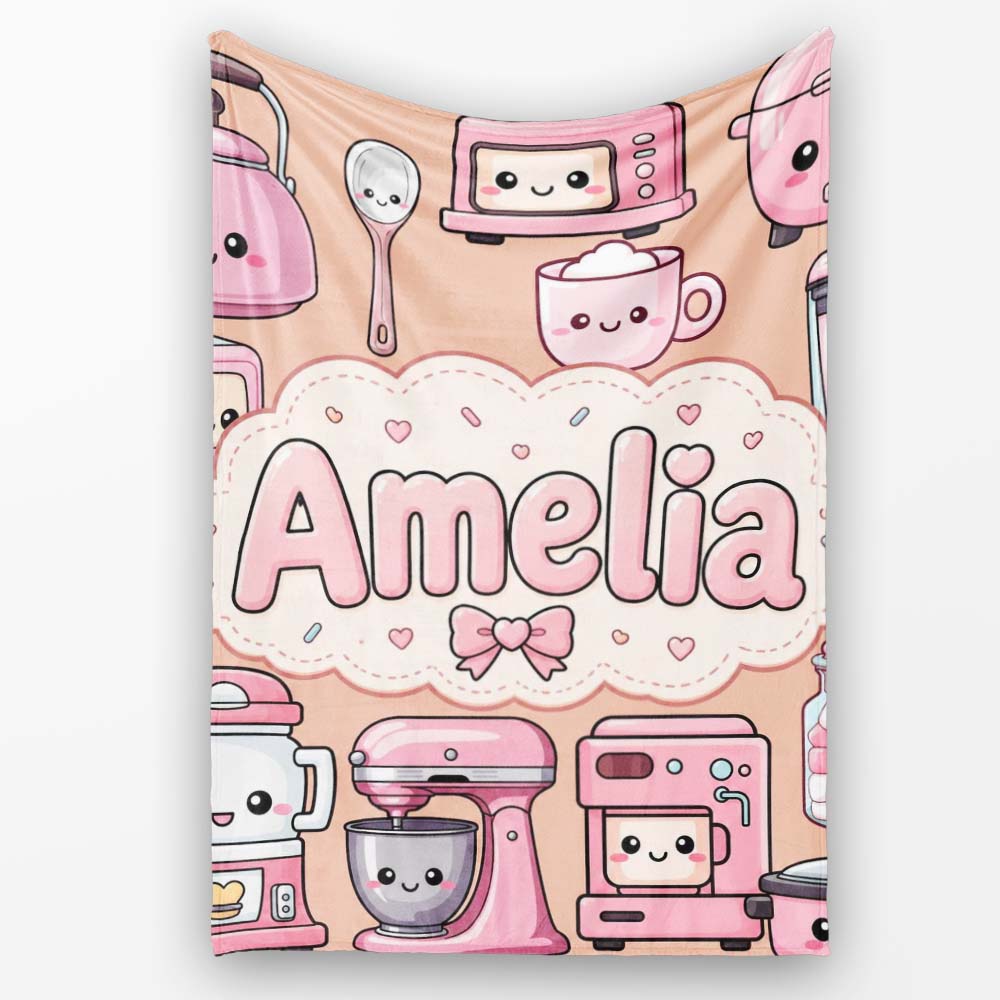 Cute Kawaii  Appliances Mixer Toaster Blender Peach  Personalised Custom Name Super Soft Fleece Blanket Bed Sofa Throw