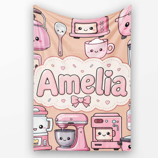 Cute Kawaii  Appliances Mixer Toaster Blender Peach  Personalised Custom Name Super Soft Fleece Blanket Bed Sofa Throw