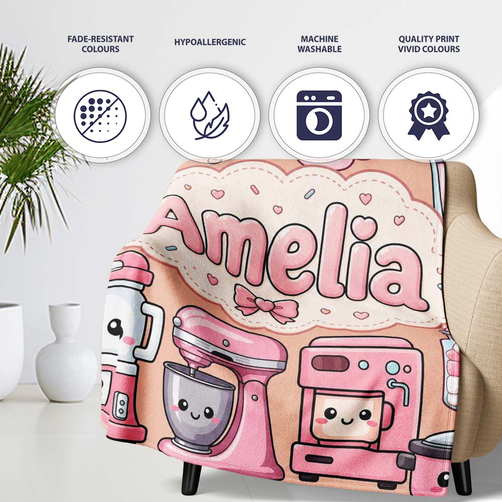 Cute Kawaii  Appliances Mixer Toaster Blender Peach  Personalised Custom Name Super Soft Fleece Blanket Bed Sofa Throw