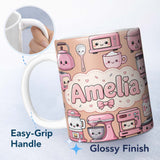 Personalized Custom Name Cute Kawaii Kitchen Appliances Mixer Toaster Blender Peach 11oz Ceramic Coffee Tea Mug White Large Handle