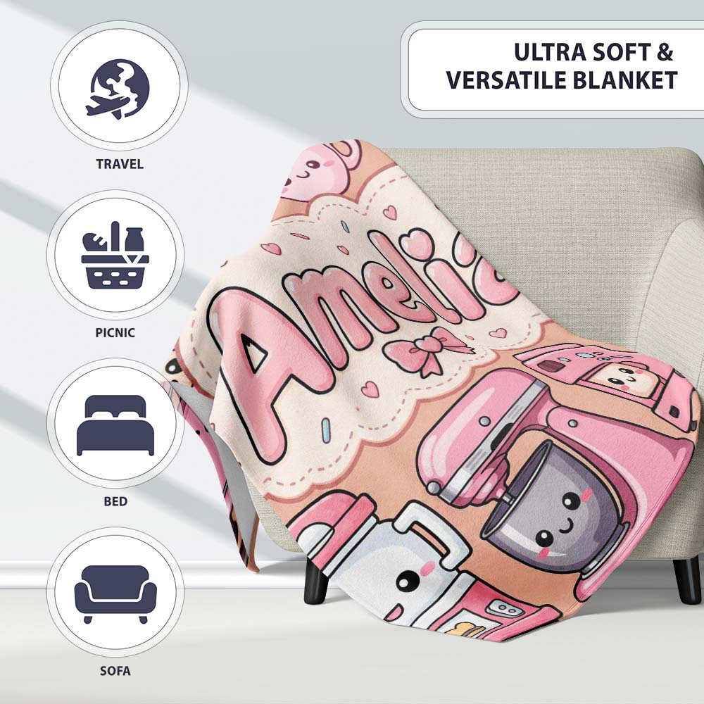 Cute Kawaii  Appliances Mixer Toaster Blender Peach  Personalised Custom Name Super Soft Fleece Blanket Bed Sofa Throw