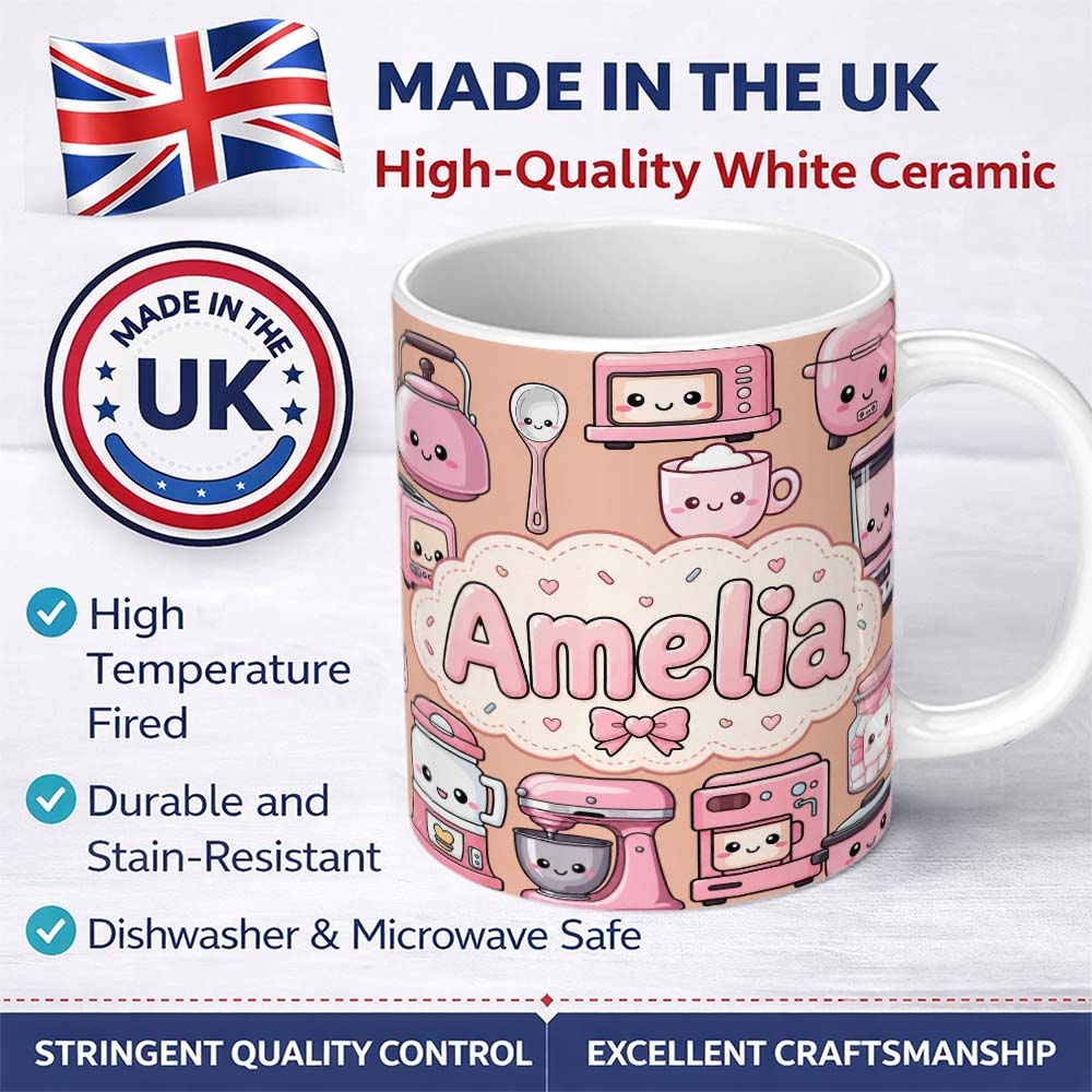 Personalized Custom Name Cute Kawaii Kitchen Appliances Mixer Toaster Blender Peach 11oz Ceramic Coffee Tea Mug White Large Handle