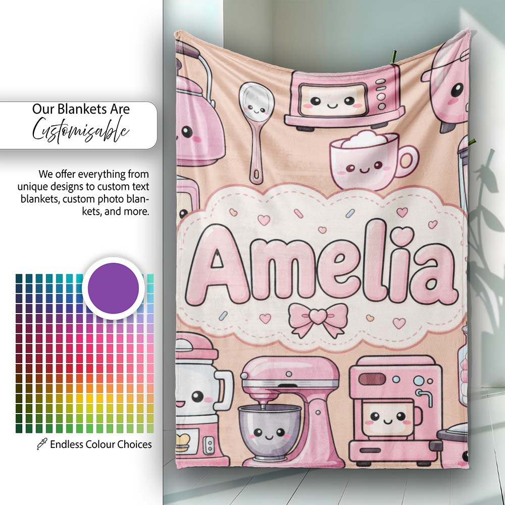 Cute Kawaii  Appliances Mixer Toaster Blender Peach  Personalised Custom Name Super Soft Fleece Blanket Bed Sofa Throw