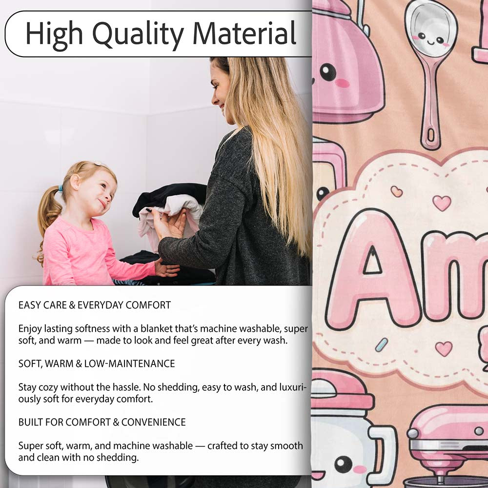 Cute Kawaii  Appliances Mixer Toaster Blender Peach  Personalised Custom Name Super Soft Fleece Blanket Bed Sofa Throw