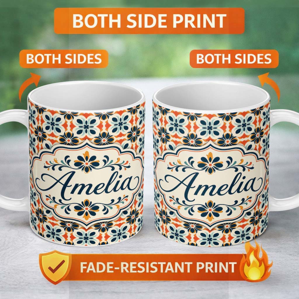 Personalized Custom Name Bold Floral Tile in Navy, Orange and Cream with Symmetrical Design 11oz Ceramic Coffee Tea Mug White Large Handle
